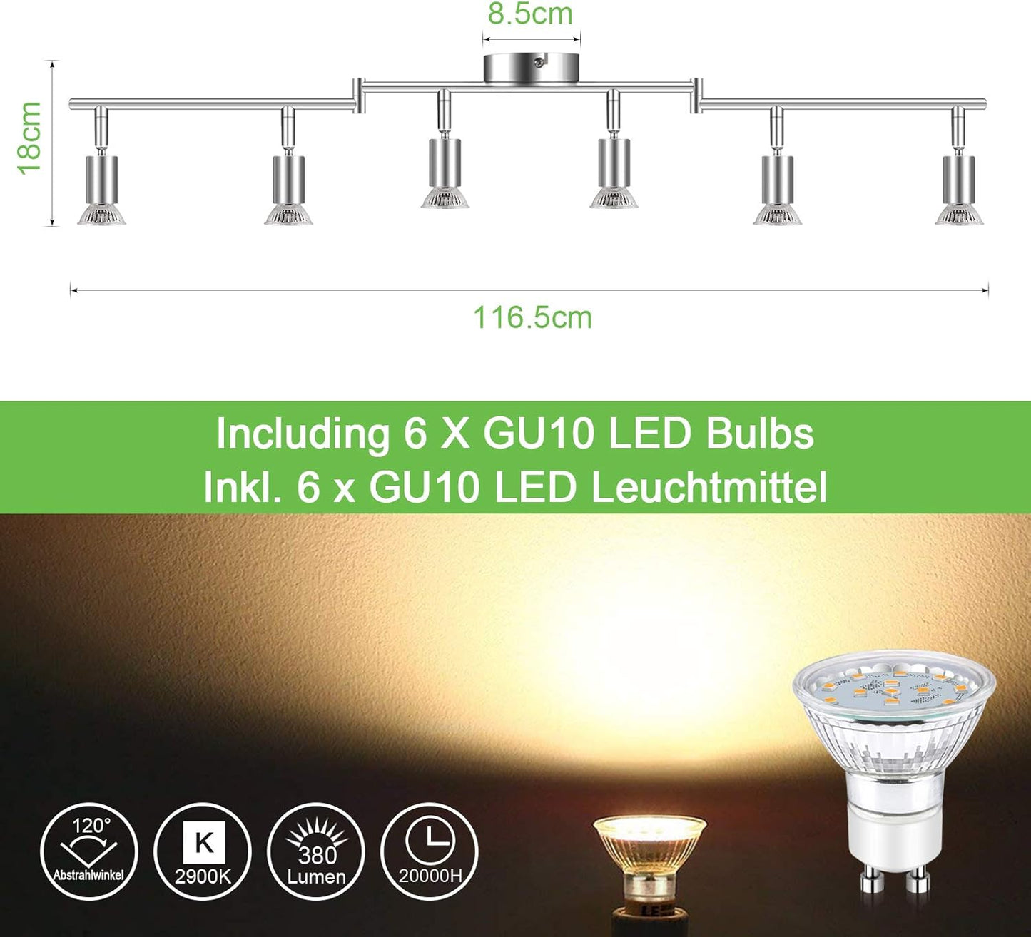 Unicozin LED Deckenleuchte, 6 Flammig Deckenstrahler Schwenkbar Chrom, Inkl. 6 x 4W GU10 LED Lampen