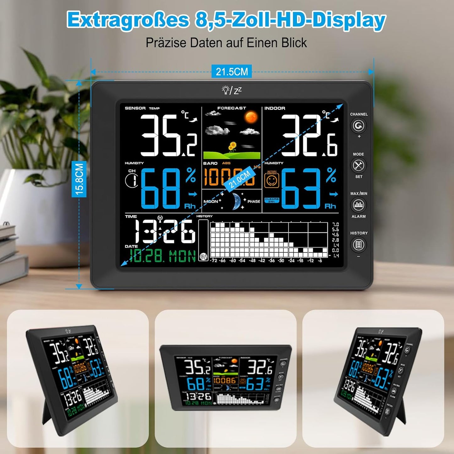 Urageuxy Wetterstation Funk mit Außensensor, 8,5" Farbdisplay, DCF-Funkuhr