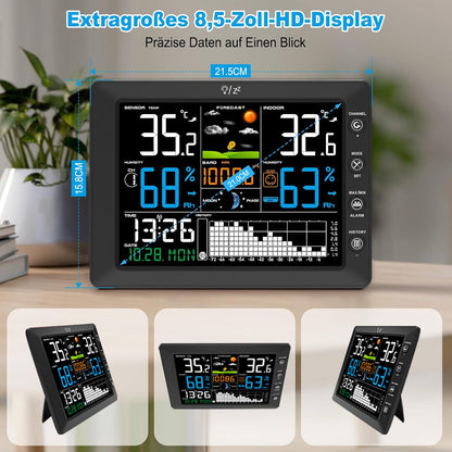Urageuxy Wetterstation Funk mit Außensensor, 8,5" Farbdisplay, DCF-Funkuhr
