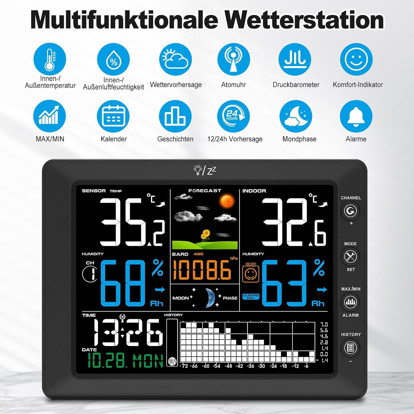 Urageuxy Wetterstation Funk mit Außensensor, 8,5" Farbdisplay, DCF-Funkuhr