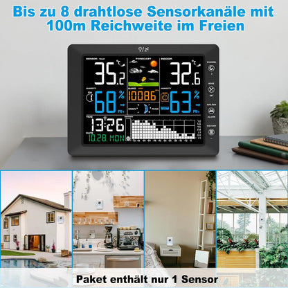 Urageuxy Wetterstation Funk mit Außensensor, 8,5" Farbdisplay, DCF-Funkuhr