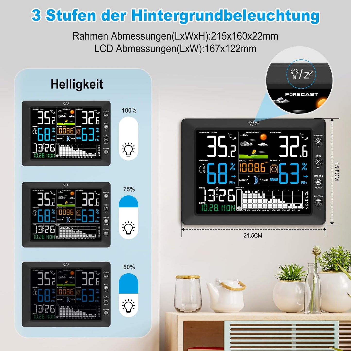 Urageuxy Wetterstation Funk mit Außensensor, 8,5" Farbdisplay, DCF-Funkuhr