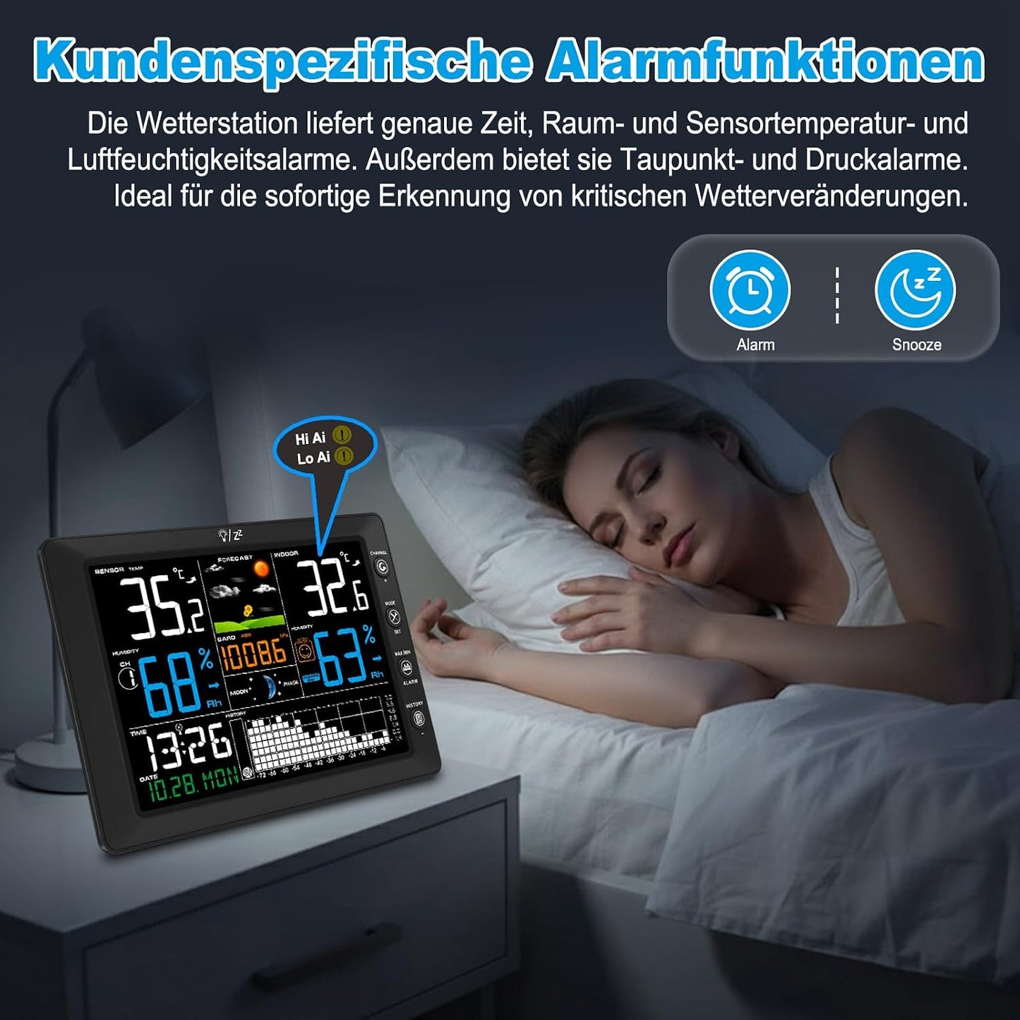 Urageuxy Wetterstation Funk mit Außensensor, 8,5" Farbdisplay, DCF-Funkuhr