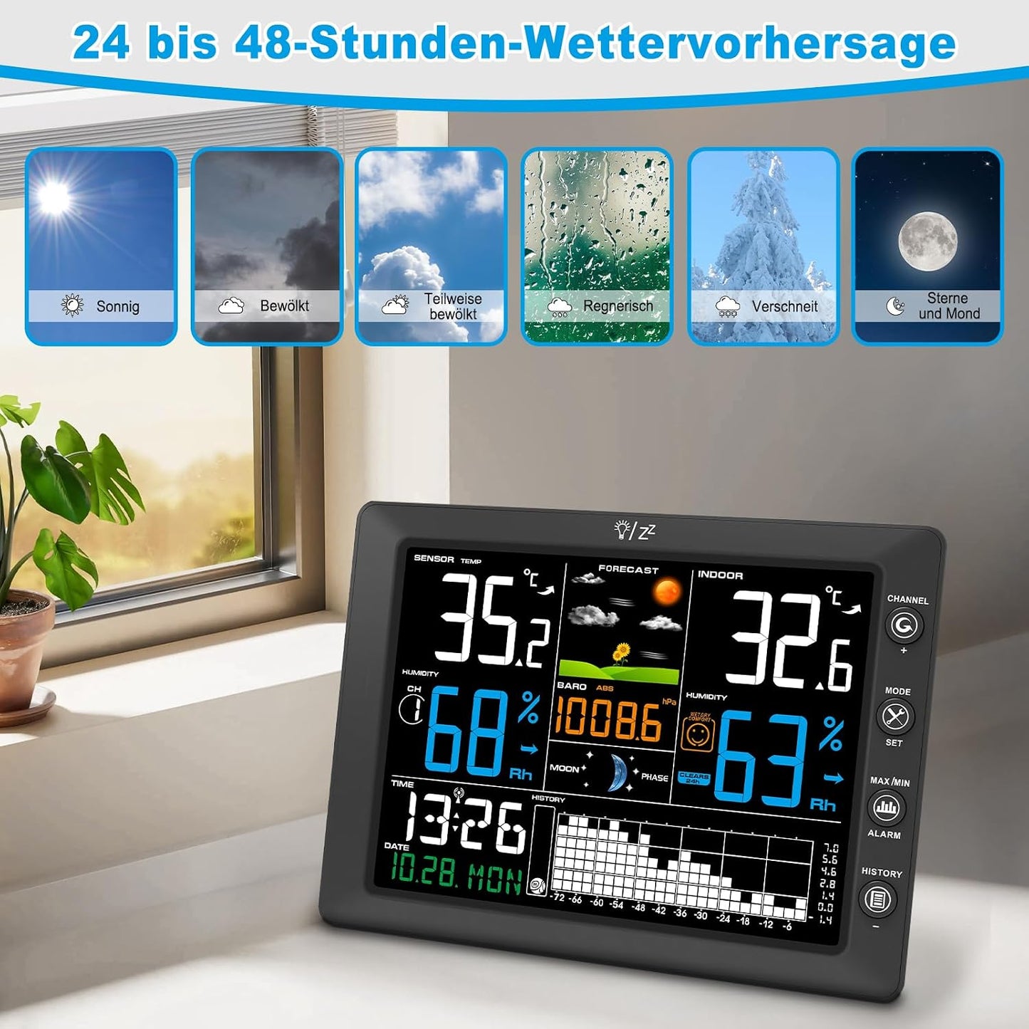 Urageuxy Wetterstation Funk mit Außensensor, 8,5" Farbdisplay, DCF-Funkuhr
