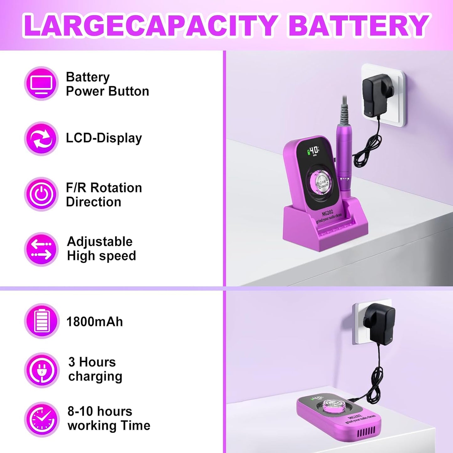 Urbuti Professioneller kabelloser Nagelfräser MG202,  elektrische Nagelfeile (40.000 U/min),