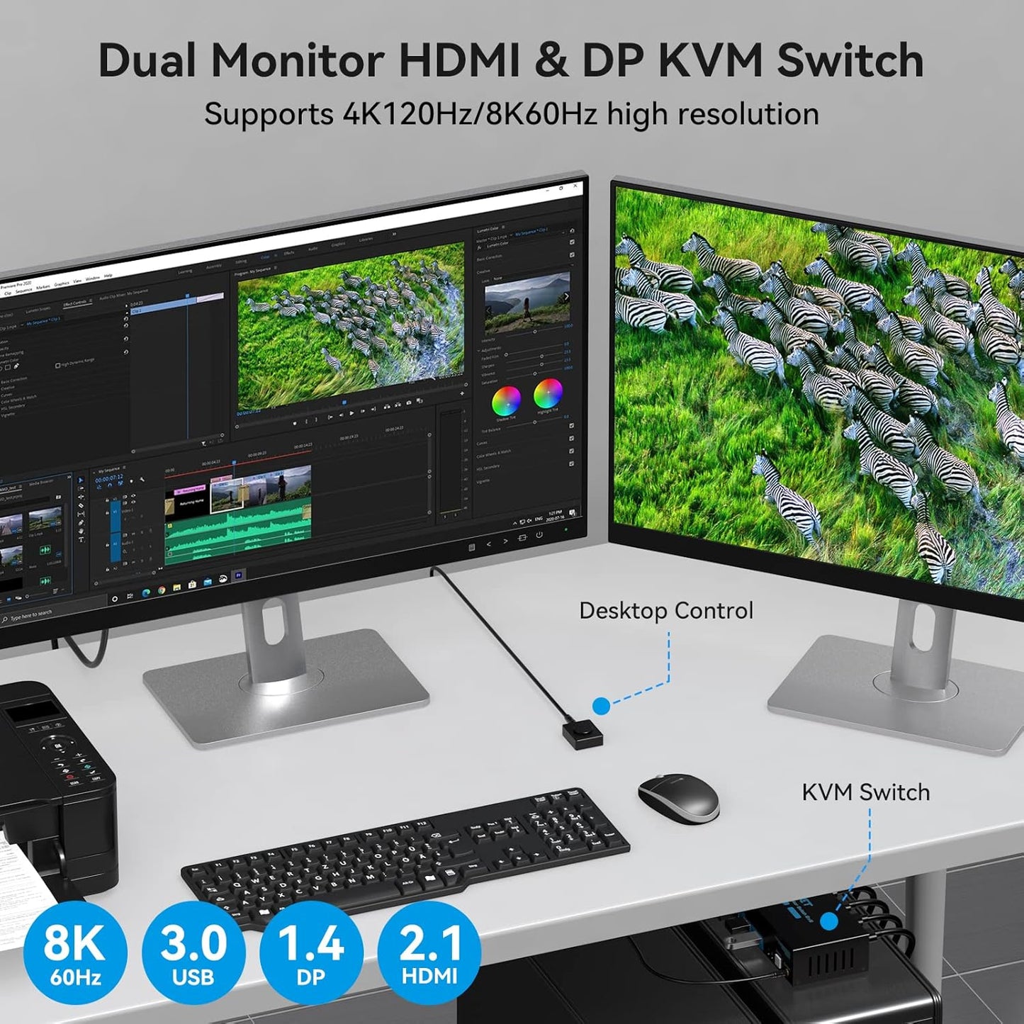 VPFET 8K60Hz Displayport HDMI KVM Switch 2 PC 2 Monitore 4K120Hz USB 3.0