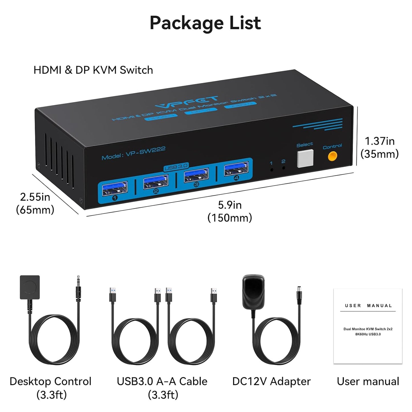 VPFET 8K60Hz Displayport HDMI KVM Switch 2 PC 2 Monitore 4K120Hz USB 3.0