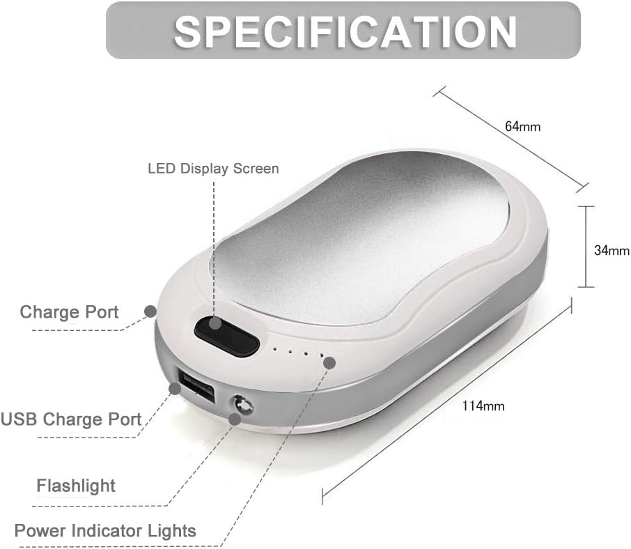 Voneta Handwärmer, wiederaufladbar, wiederverwendbar, USB,10.000 mAh (Silber)
