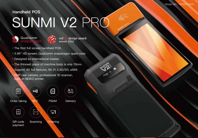 Sunmi V2 PRO Tragbarer 5.99 '' Touch Android 7.1, 58mm Thermobondrucker, 4G, NFC, 1D-CCD-Barcodescanner, T5921