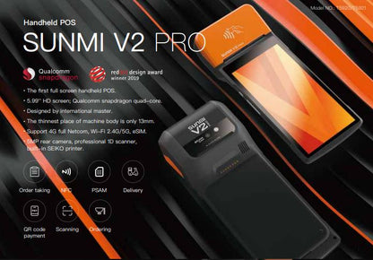 Sunmi V2 PRO Tragbarer 5.99 '' Touch Android 7.1, 58mm Thermobondrucker, 4G, NFC, 1D-CCD-Barcodescanner, T5921