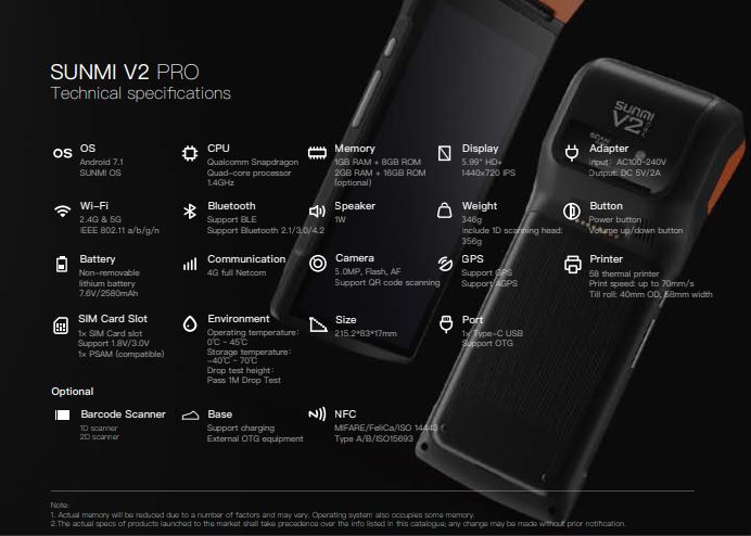 Sunmi V2 PRO Tragbarer 5.99 '' Touch Android 7.1, 58mm Thermobondrucker, 4G, NFC, 1D-CCD-Barcodescanner, T5921