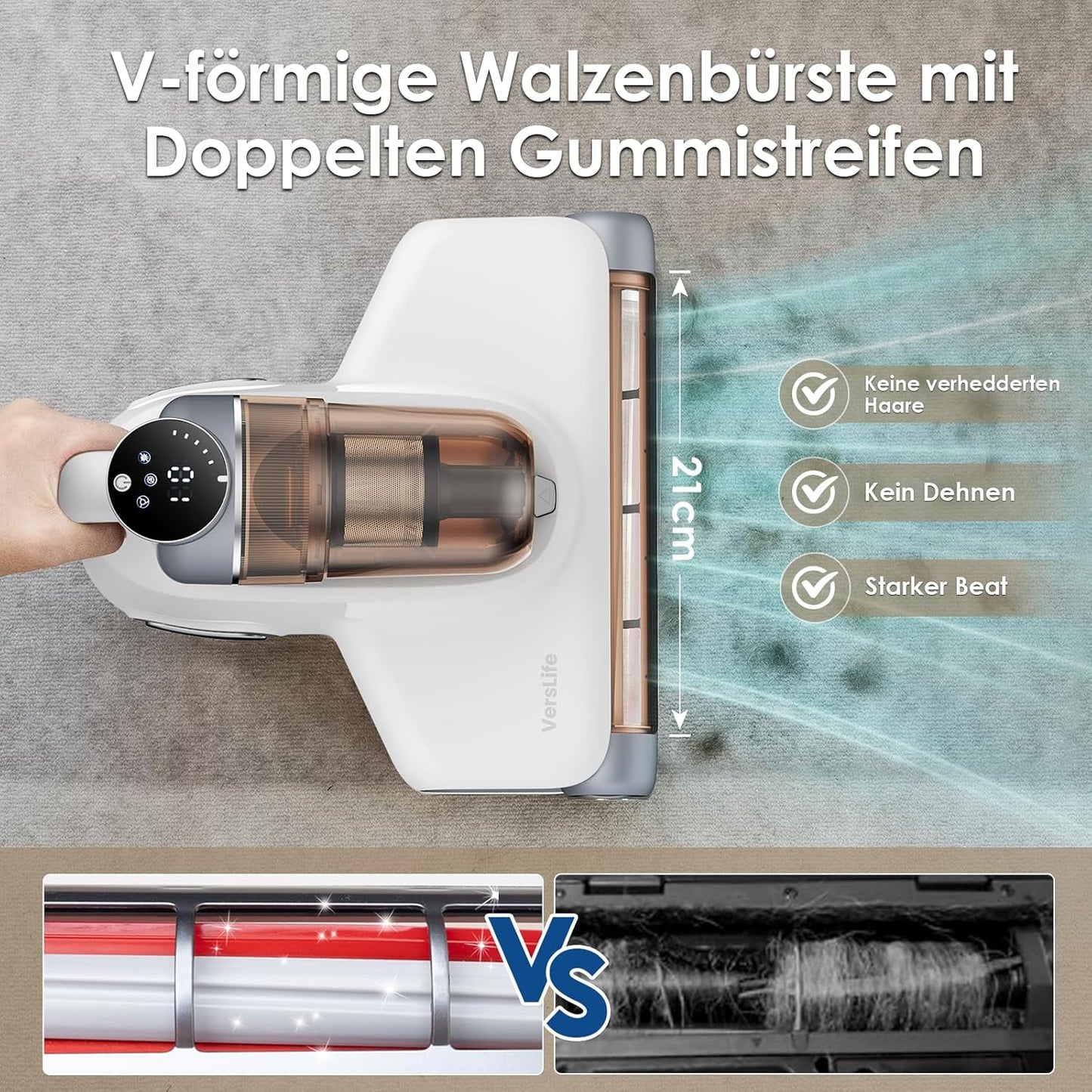 VersLife M6 Kabelloser Milbensauger für Matratzen, 18Kpa mit 253.7nm UV-C Licht