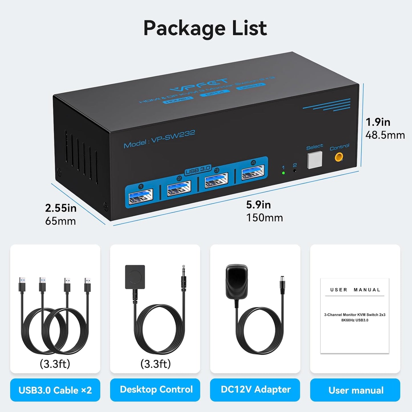 VPFET 8K60Hz Displayport HDMI KVM Switch 2 PC 3 Monitore USB 3.0 DP1.4