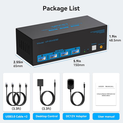 VPFET 8K60Hz Displayport HDMI KVM Switch 2 PC 3 Monitore USB 3.0 DP1.4