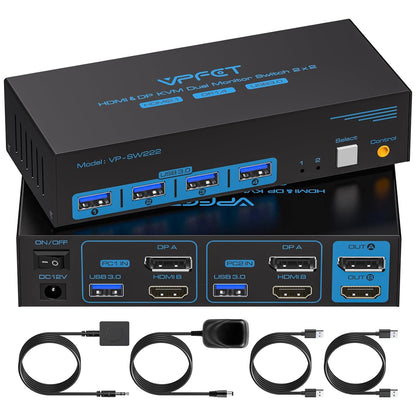 VPFET 8K60Hz Displayport HDMI KVM Switch 2 PC 2 Monitore 4K120Hz USB 3.0