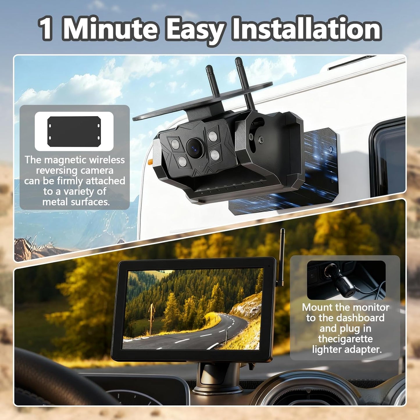 VASTEND Rückfahrkamera Kabellos Solar Magnetische 7'' 1080P Touchscreen IPS Monitor, 9600mAh Akku