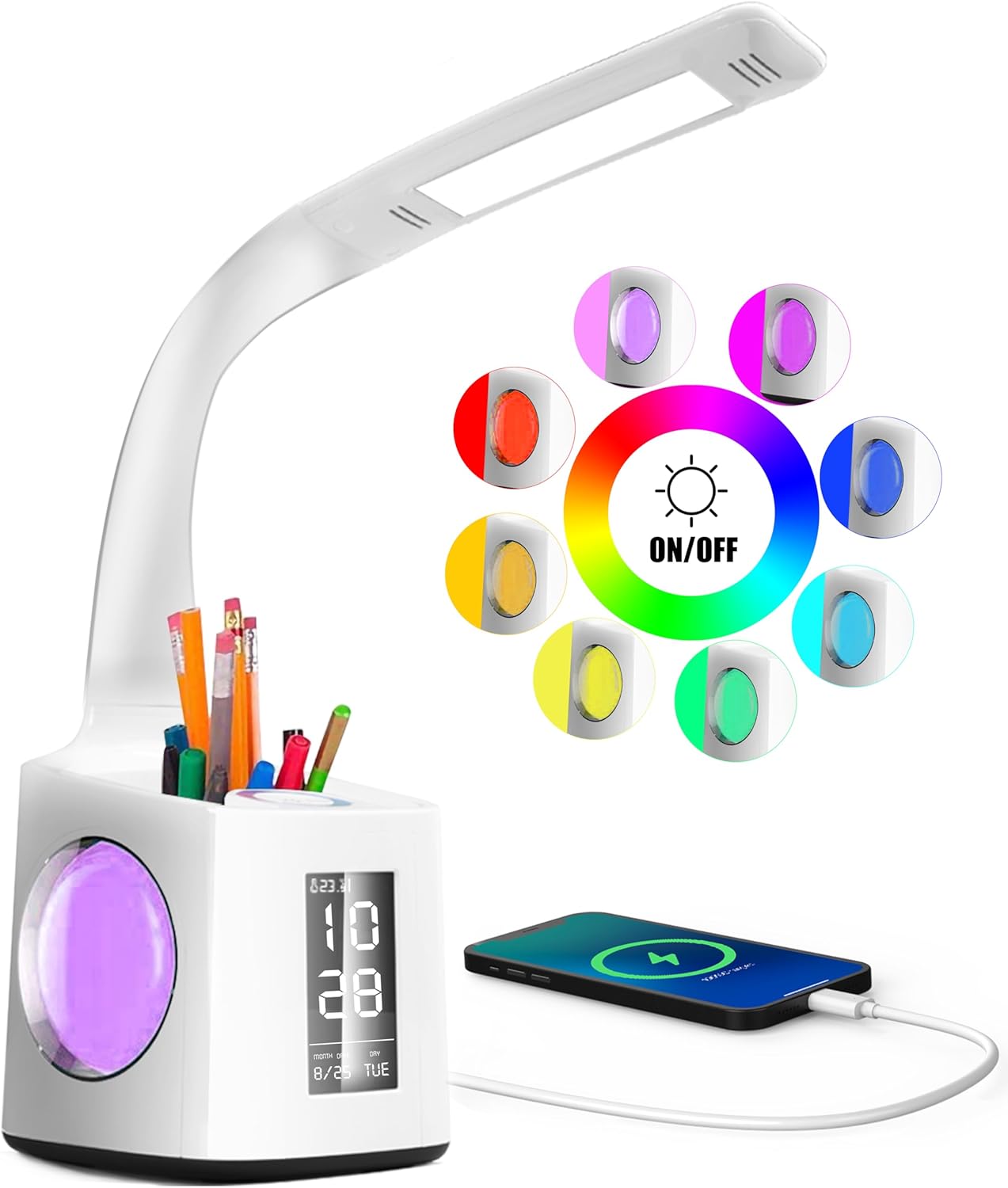 VAZILLIO  Schreibtischlampe Kinder 7 IN 1 Led Tischleuchte，10W Augenschutz Nachttischlampe Dimmbar Stifthalter Tischleuchte mit Lcd Display/kalender/Wecker/USB-Anschluss für kinder