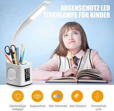 VAZILLIO  Schreibtischlampe Kinder 7 IN 1 Led Tischleuchte，10W Augenschutz Nachttischlampe Dimmbar Stifthalter Tischleuchte mit Lcd Display/kalender/Wecker/USB-Anschluss für kinder