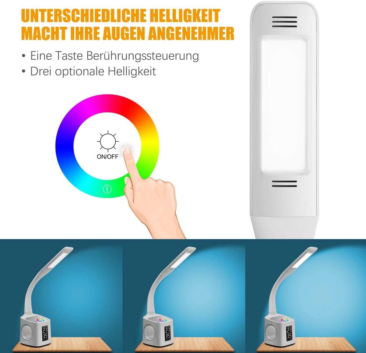VAZILLIO  Schreibtischlampe Kinder 7 IN 1 Led Tischleuchte，10W Augenschutz Nachttischlampe Dimmbar Stifthalter Tischleuchte mit Lcd Display/kalender/Wecker/USB-Anschluss für kinder