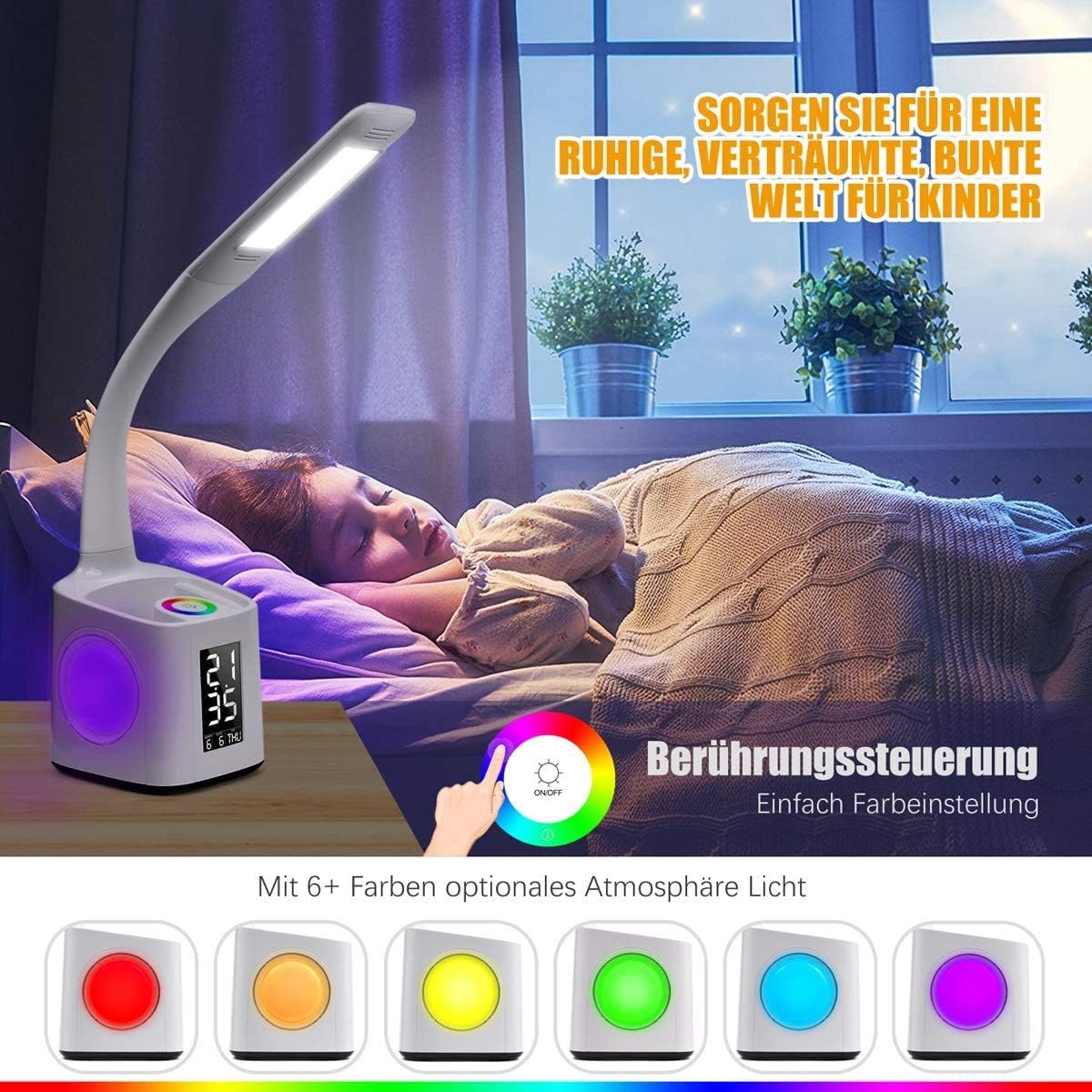 VAZILLIO  Schreibtischlampe Kinder 7 IN 1 Led Tischleuchte，10W Augenschutz Nachttischlampe Dimmbar Stifthalter Tischleuchte mit Lcd Display/kalender/Wecker/USB-Anschluss für kinder