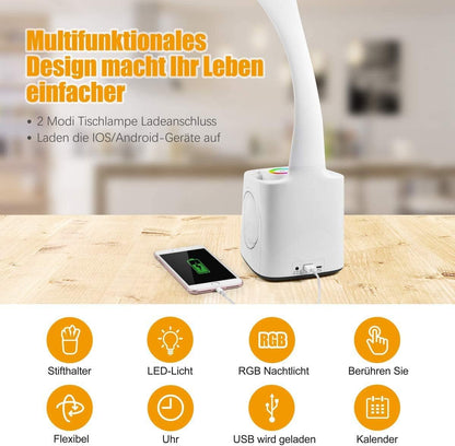VAZILLIO  Schreibtischlampe Kinder 7 IN 1 Led Tischleuchte，10W Augenschutz Nachttischlampe Dimmbar Stifthalter Tischleuchte mit Lcd Display/kalender/Wecker/USB-Anschluss für kinder