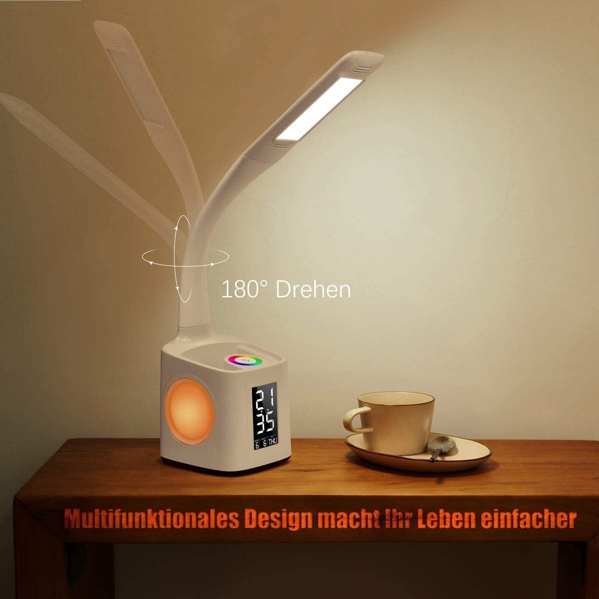 VAZILLIO  Schreibtischlampe Kinder 7 IN 1 Led Tischleuchte，10W Augenschutz Nachttischlampe Dimmbar Stifthalter Tischleuchte mit Lcd Display/kalender/Wecker/USB-Anschluss für kinder
