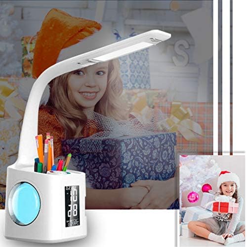 VAZILLIO  Schreibtischlampe Kinder 7 IN 1 Led Tischleuchte，10W Augenschutz Nachttischlampe Dimmbar Stifthalter Tischleuchte mit Lcd Display/kalender/Wecker/USB-Anschluss für kinder