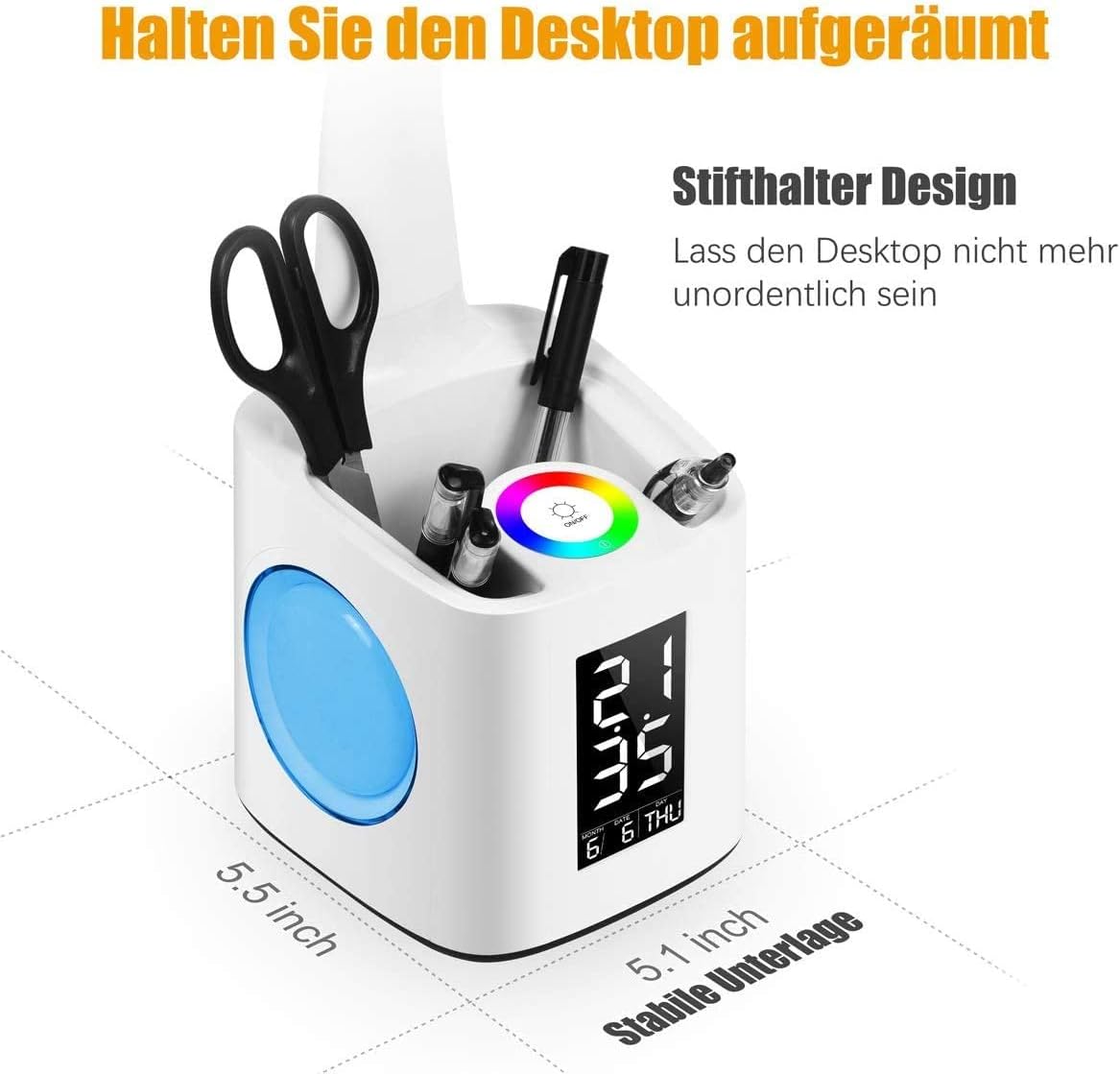 VAZILLIO  Schreibtischlampe Kinder 7 IN 1 Led Tischleuchte，10W Augenschutz Nachttischlampe Dimmbar Stifthalter Tischleuchte mit Lcd Display/kalender/Wecker/USB-Anschluss für kinder