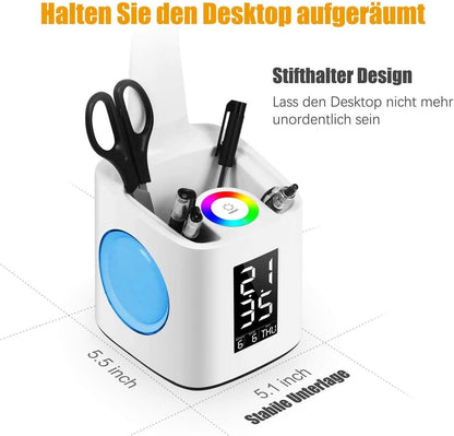 VAZILLIO  Schreibtischlampe Kinder 7 IN 1 Led Tischleuchte，10W Augenschutz Nachttischlampe Dimmbar Stifthalter Tischleuchte mit Lcd Display/kalender/Wecker/USB-Anschluss für kinder