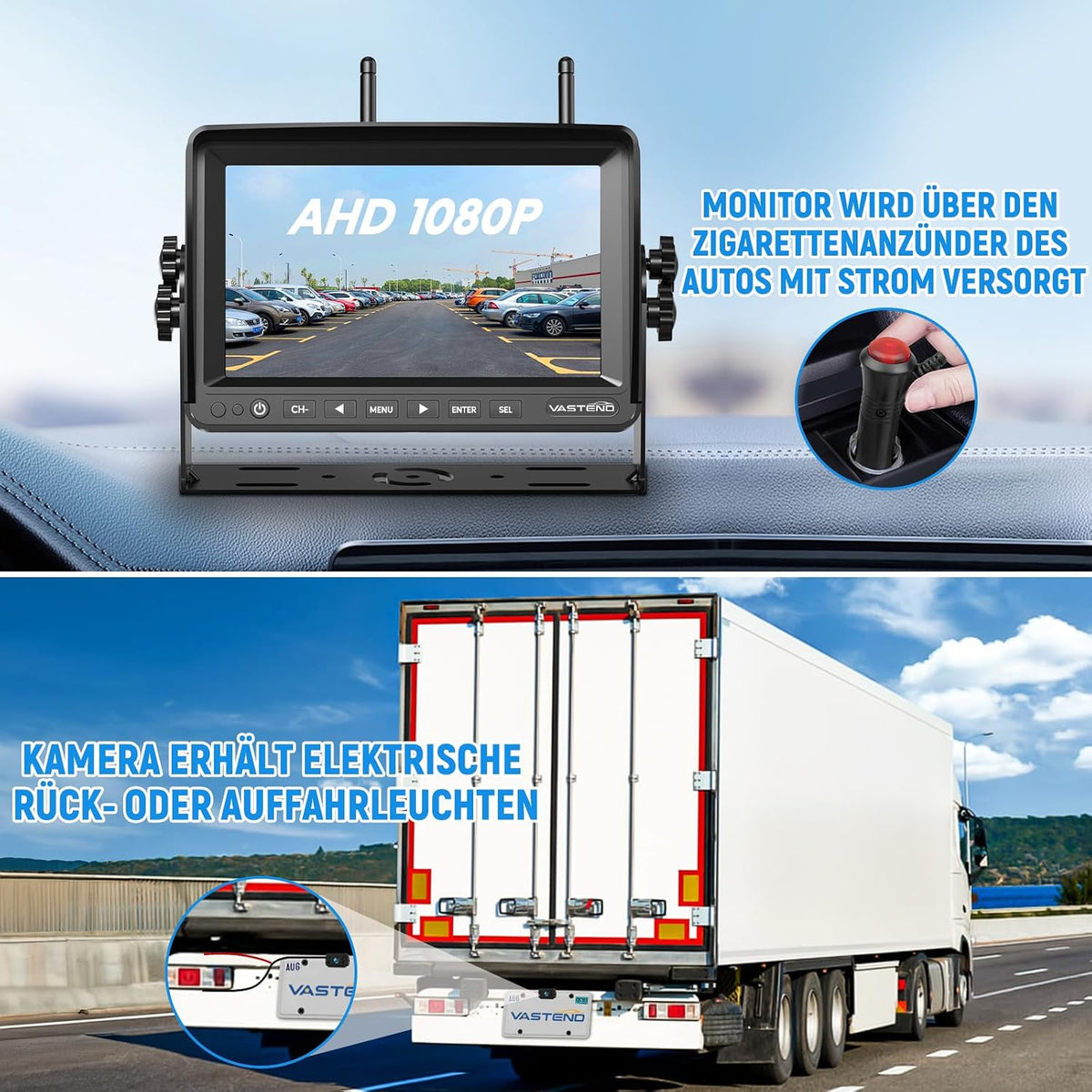 VASTEND Rückfahrkamera Kabellos mit 7 Zoll IPS Monitor 1080P Funksystem (VE-7A)