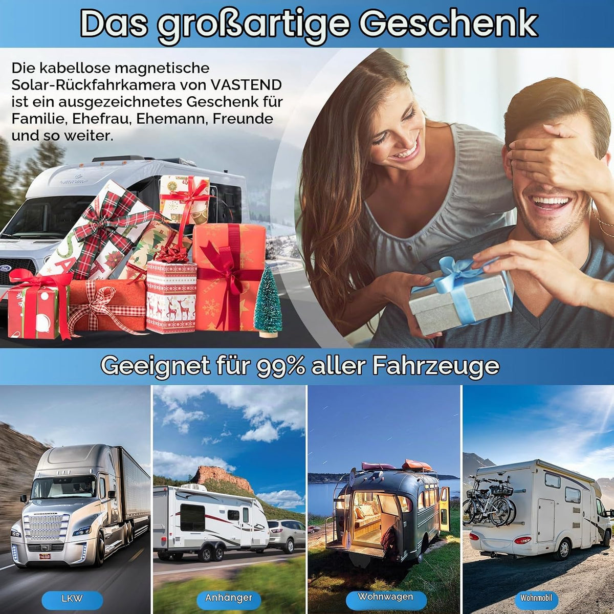 VASTEND Magnetische Rückfahrkameras  7"  Funk Kabellos Solar 10000mAh Akku,VS-7A2