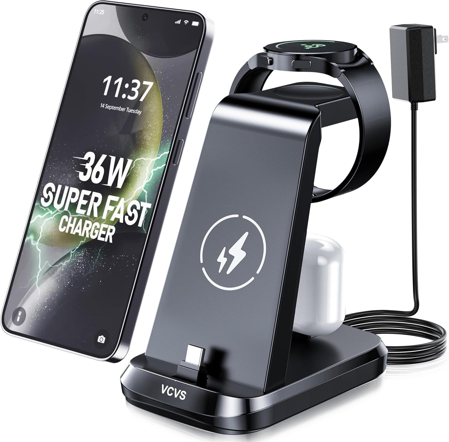 VCVS 36 W USB C Super Schnellladestation  3-in-1 für Samsung Handys, Uhren, Ohrhörer,