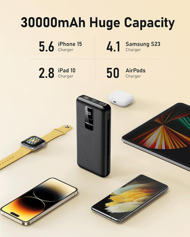 VEEKTOMX  30000 mAh Powerbank mit PD&QC USB C, 4 USB-Ausgänge