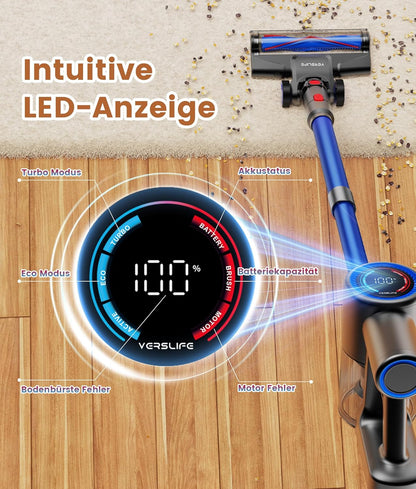 VersLife Akku Staubsauger 500W/45 Min/40kPa Smart LED-Display, Leichter