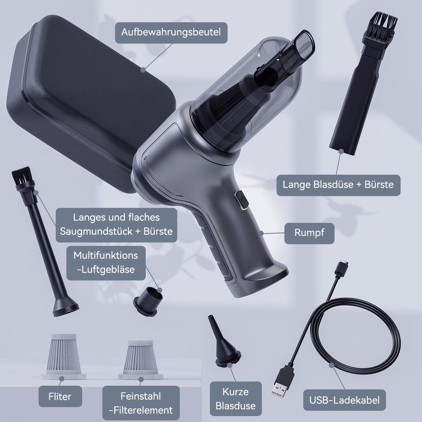 Velitcur Handstaubsauger Auto Handheld Kabelloser, 3 in 1 Druckluft 19KPA High Power