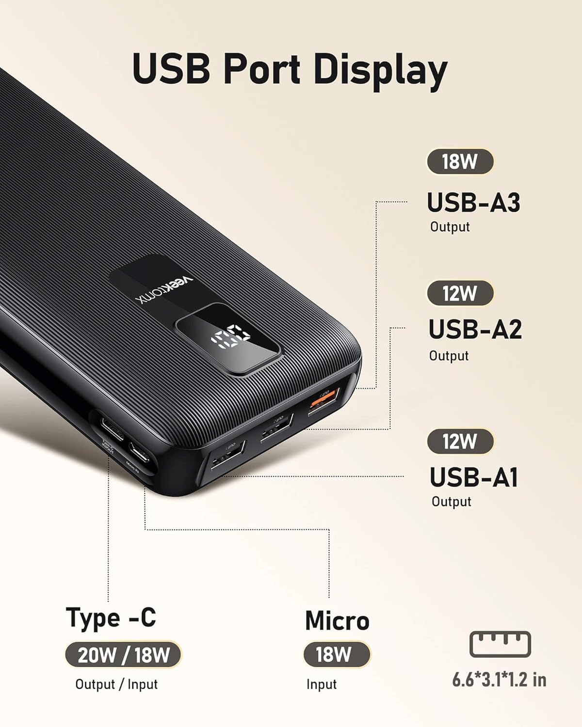 VEEKTOMX  30000 mAh Powerbank mit PD&QC USB C, 4 USB-Ausgänge