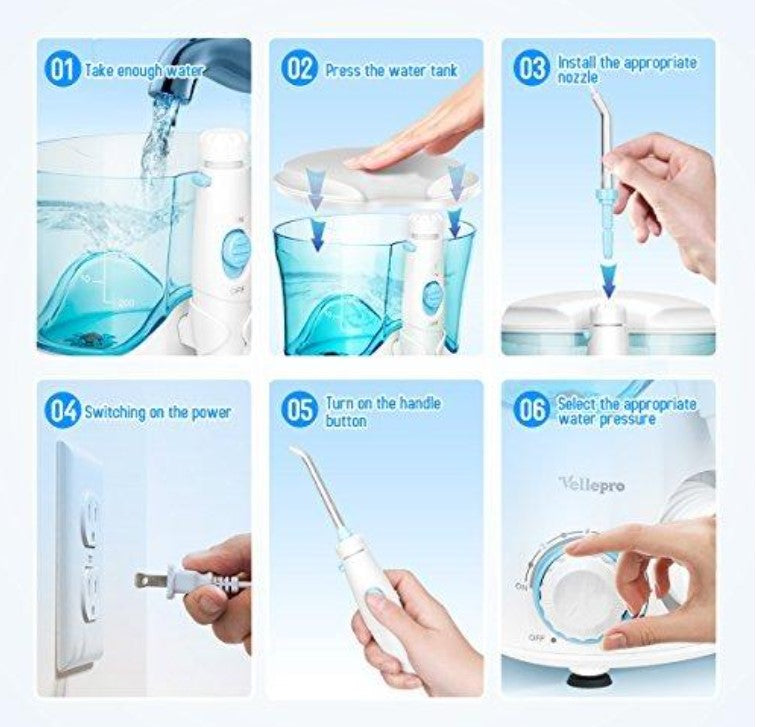 Vellepro Elektrisch Munddusche Wasser Flosser Kabellos  mit 8 Düsen, 600 ml