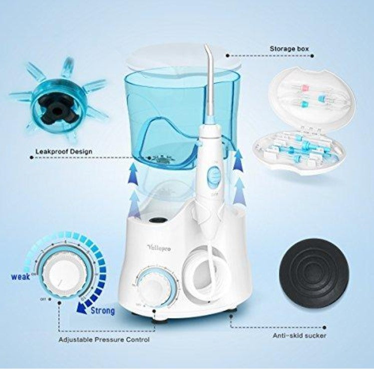 Vellepro Elektrisch Munddusche Wasser Flosser Kabellos  mit 8 Düsen, 600 ml