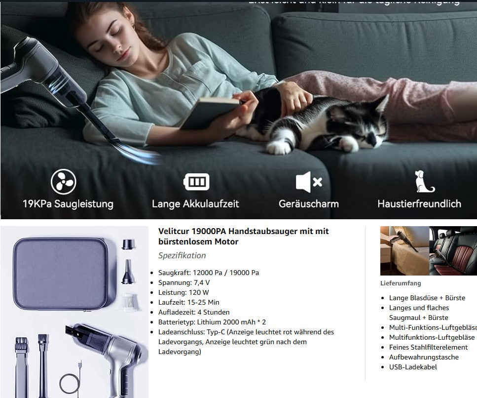 Velitcur Handstaubsauger Auto Handheld Kabelloser, 3 in 1 Druckluft 19KPA High Power
