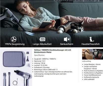 Velitcur Handstaubsauger Auto Handheld Kabelloser, 3 in 1 Druckluft 19KPA High Power