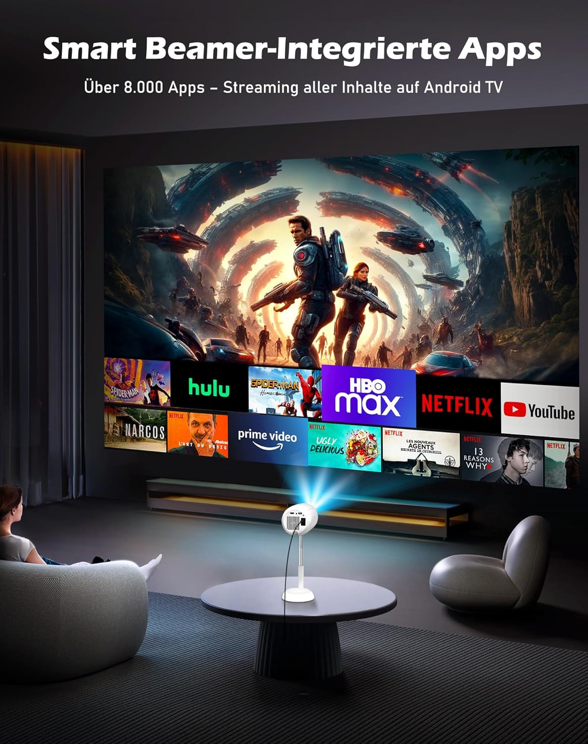 VGKE Mini Beamer mit Android-App, 3D TOF-Autofokus, 16000 Lumen Full HD 4K Unterstützung