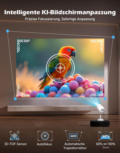 VGKE Mini Beamer mit Android-App, 3D TOF-Autofokus, 16000 Lumen Full HD 4K Unterstützung