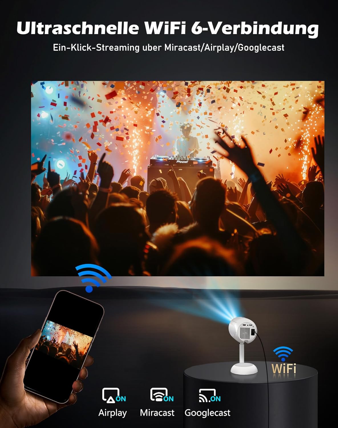 VGKE Mini Beamer mit Android-App, 3D TOF-Autofokus, 16000 Lumen Full HD 4K Unterstützung