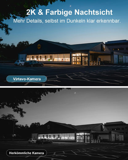Virtavo 2K Überwachungskamera Aussen Kabellos Farbnachtsicht 2-Wege Weiß