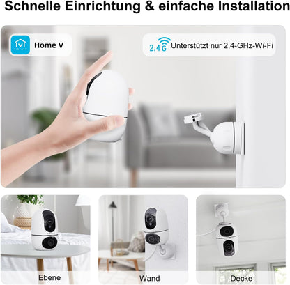 Virtavo Dual Kameras Überwachungskamera Innen 1080p 360° PTZ WLAN Kamera FHD 2-Wege-Audio Farbnachtsicht Bewegungserkennung