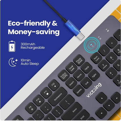Victsing 2,4 G kabellose Tastatur, (QWERTZ) über USB wiederaufladbare kabellose Computertastatur, leise, ergonomische, schlanke Tastatur mit 12 Multimedia-Verknüpfungen für Laptops, Desktop, Chromebook, Notebook