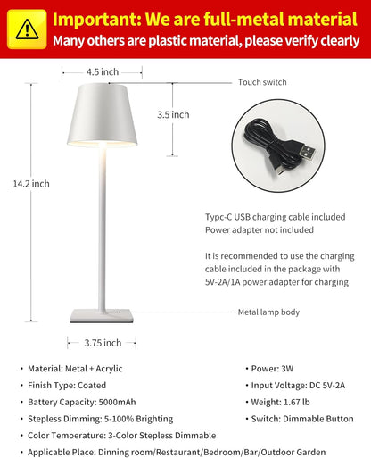Visdanfo Kabellose Tischlampe, tragbare LED-Schreibtischlampe (2 pack) 4000 mAh, 3 Farben Weiß