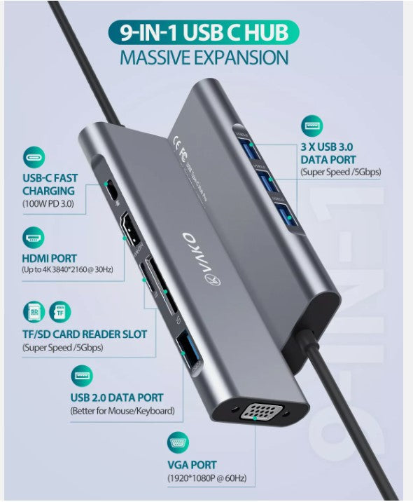 VAKO USB C Hub 9 EN 1 Adaptateur Multiport DMI VGA Carte SD incl. Micro USB 3.0 2.0