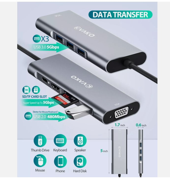 VAKO USB C Hub 9 EN 1 Adaptateur Multiport DMI VGA Carte SD incl. Micro USB 3.0 2.0