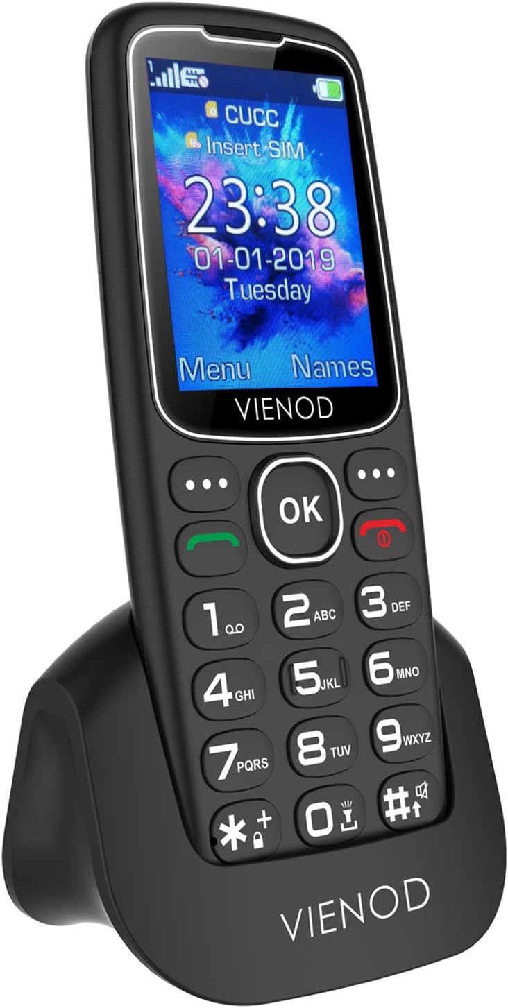 Vienod V206 Entsperrtes GSM-Mobiltelefon mit großen Tasten und SOS-Taste, 2,4-Zoll-Seniorenhandy, Taschenlampe und Ladestation